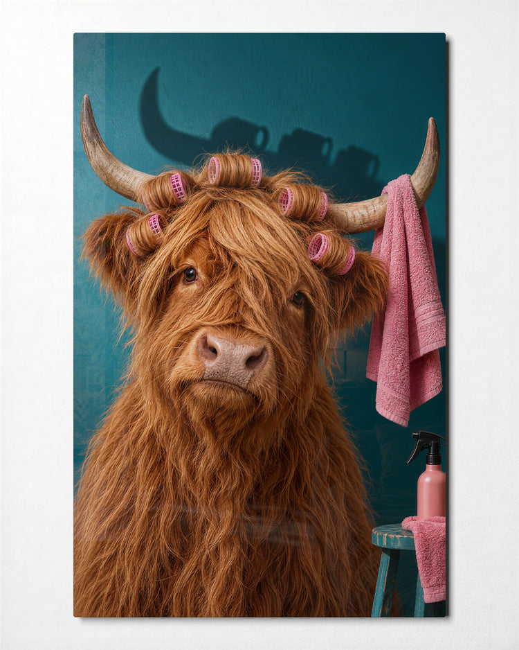 Salon Appointment, Highland Style glass wall art, front view