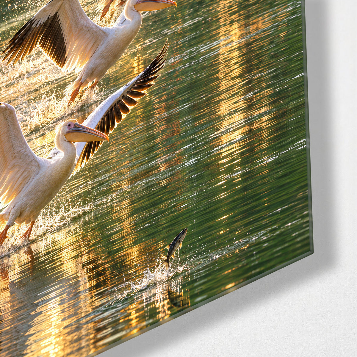 Morning Departure glass wall art, corner view