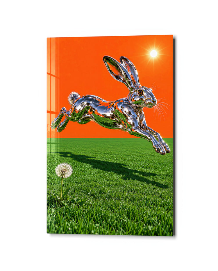 Leap Under an Orange Sky glass wall art, studio view