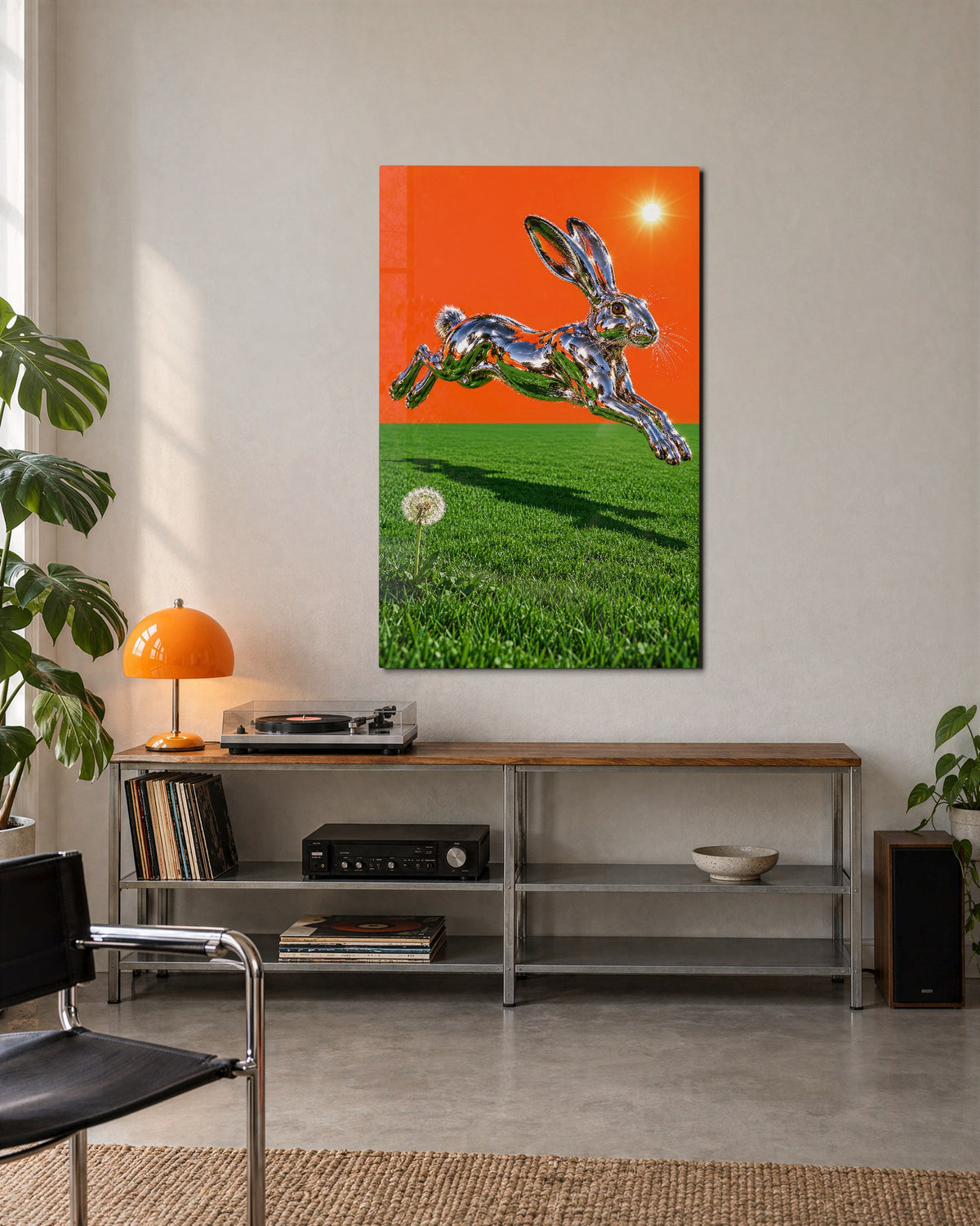 Leap Under an Orange Sky glass wall art, lifestyle view