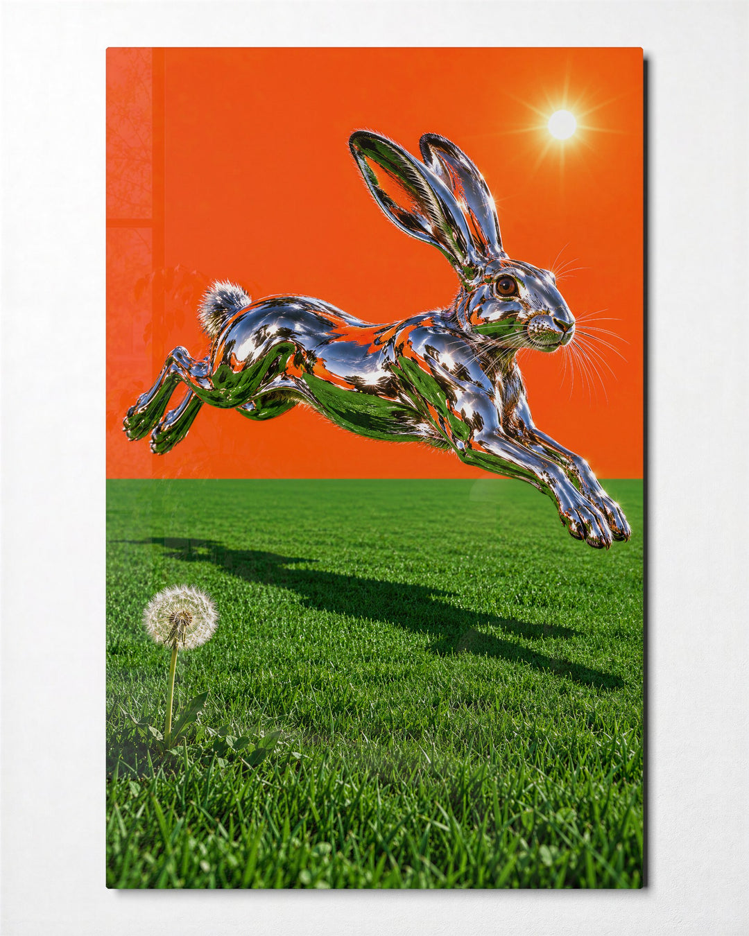 Leap Under an Orange Sky glass wall art, front view