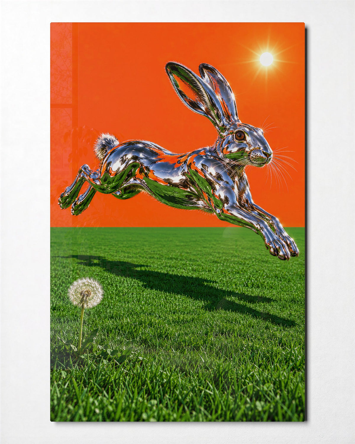 Leap Under an Orange Sky glass wall art, front view