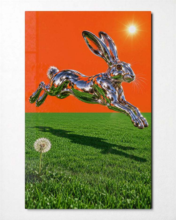 Leap Under an Orange Sky glass wall art, front view