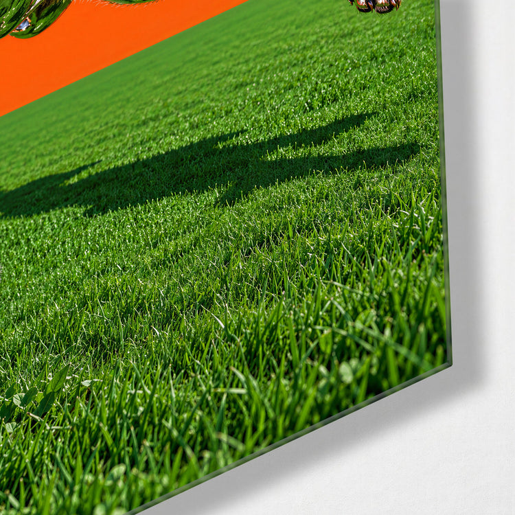 Leap Under an Orange Sky glass wall art, corner view