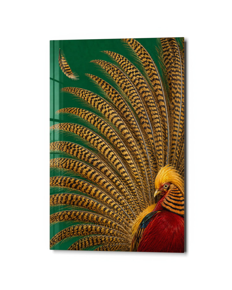 Patterned Plumes on Green glass wall art, studio view