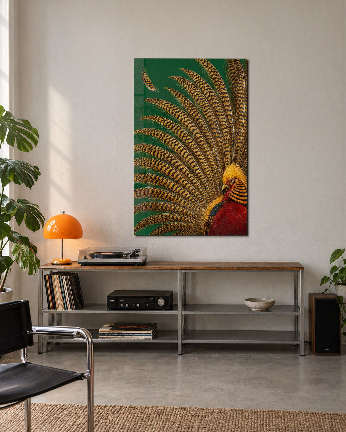 Patterned Plumes on Green glass wall art, lifestyle view