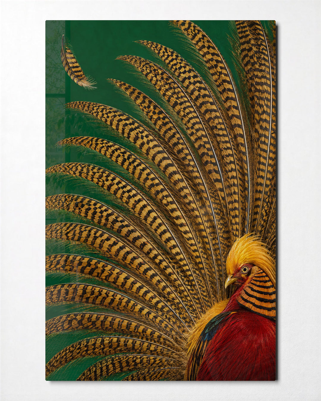Patterned Plumes on Green glass wall art, front view