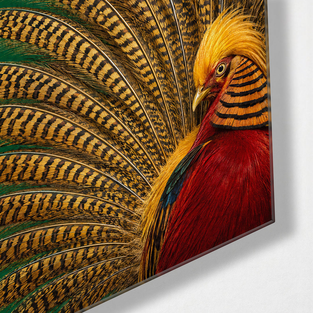 Patterned Plumes on Green glass wall art, corner view