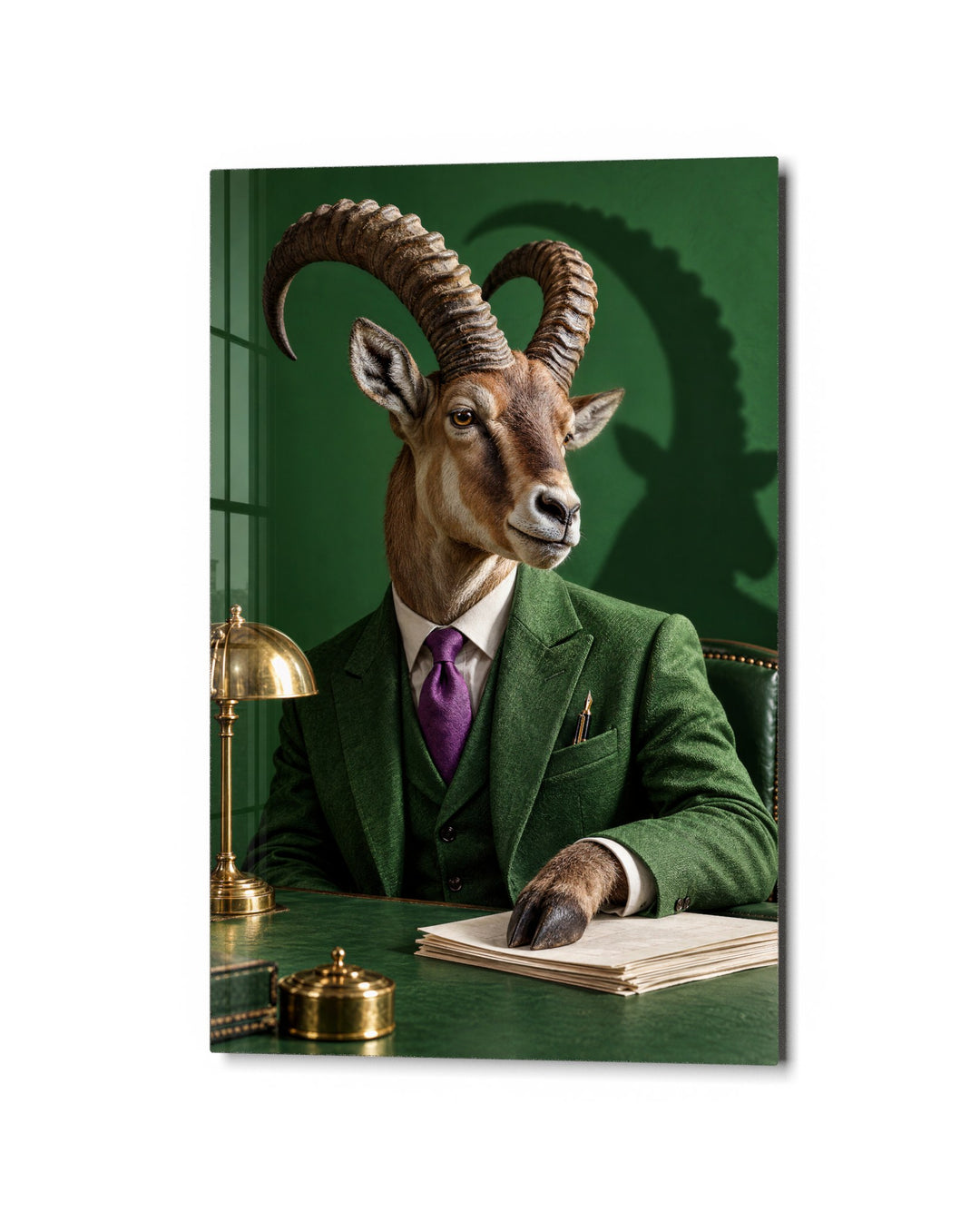 Goat at the Desk glass wall art, studio view