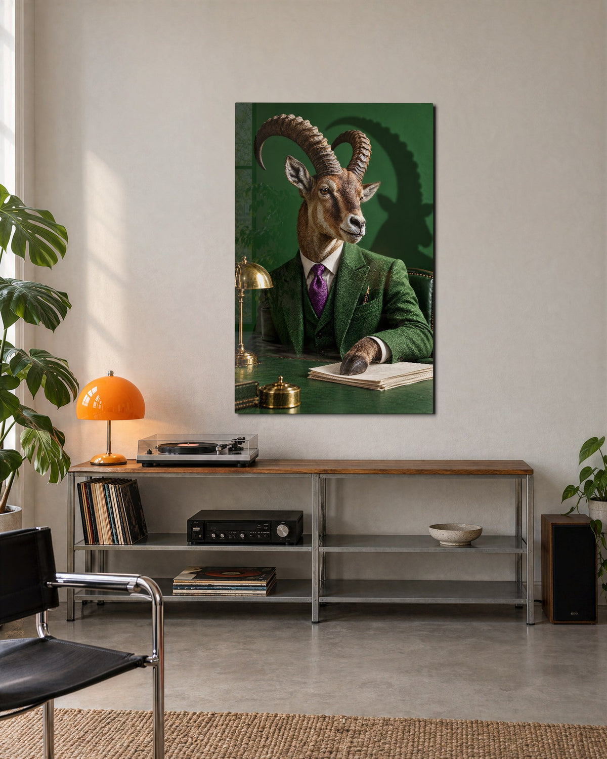 Goat at the Desk glass wall art, lifestyle view