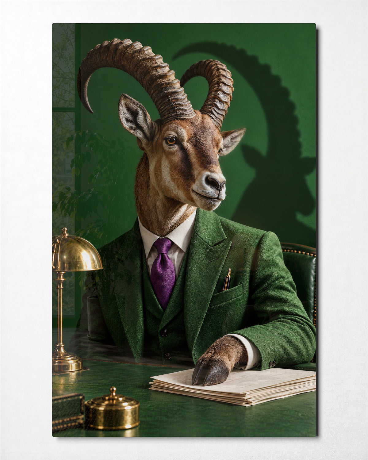 Goat at the Desk glass wall art, front view