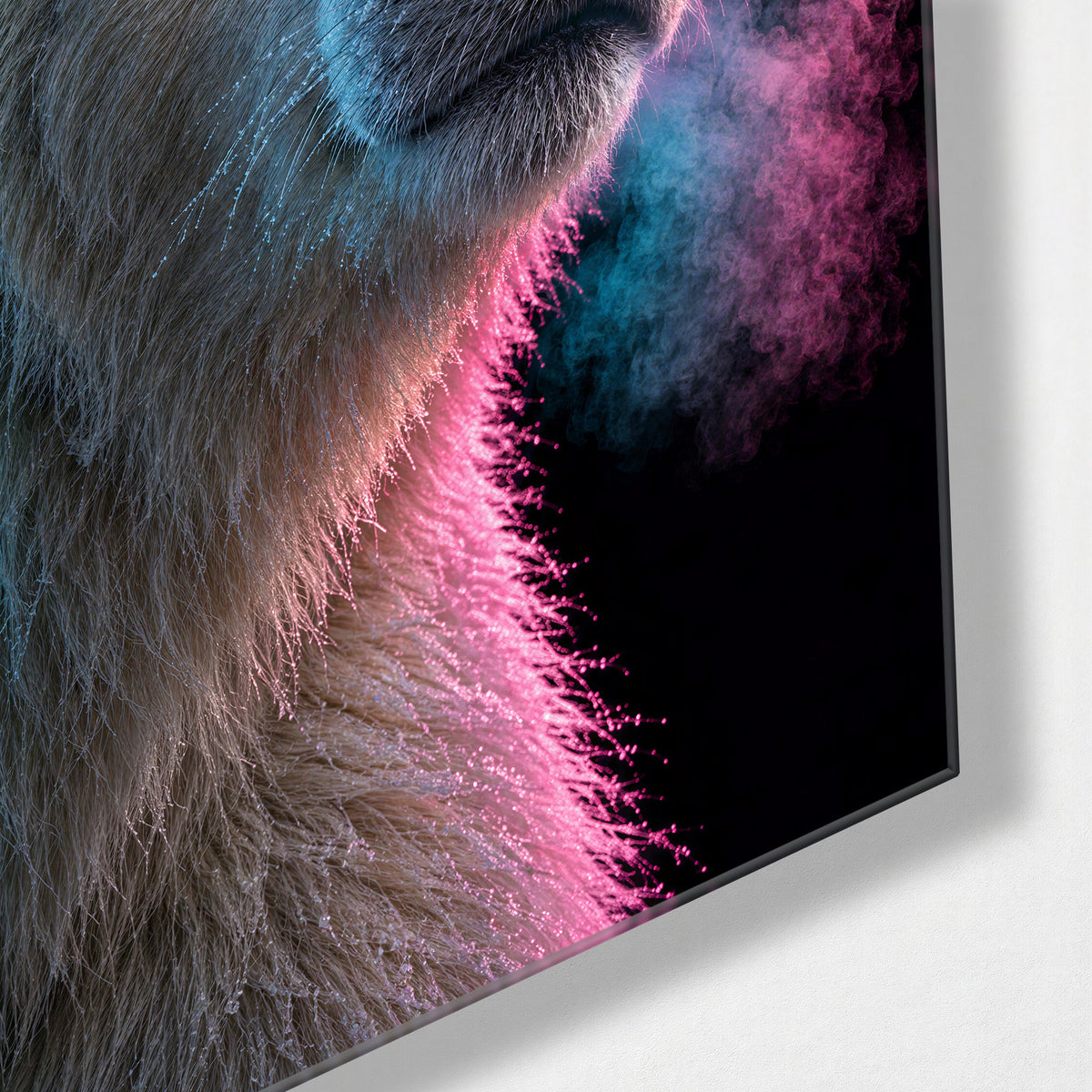 Breath on Black glass wall art, corner view