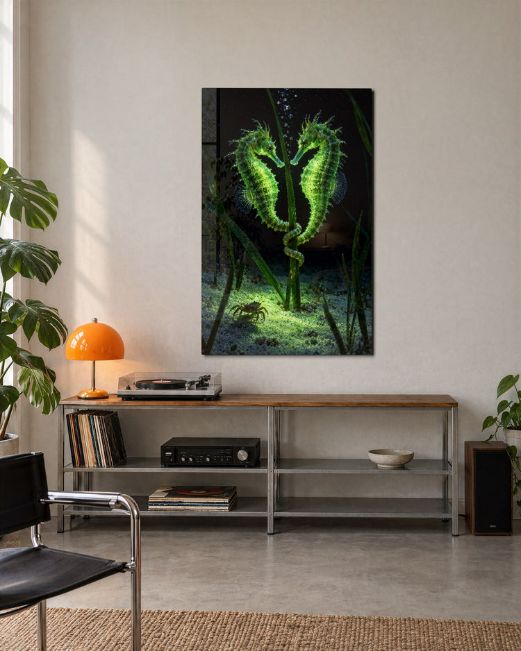 Curled Tails, Slow Water glass wall art, lifestyle view