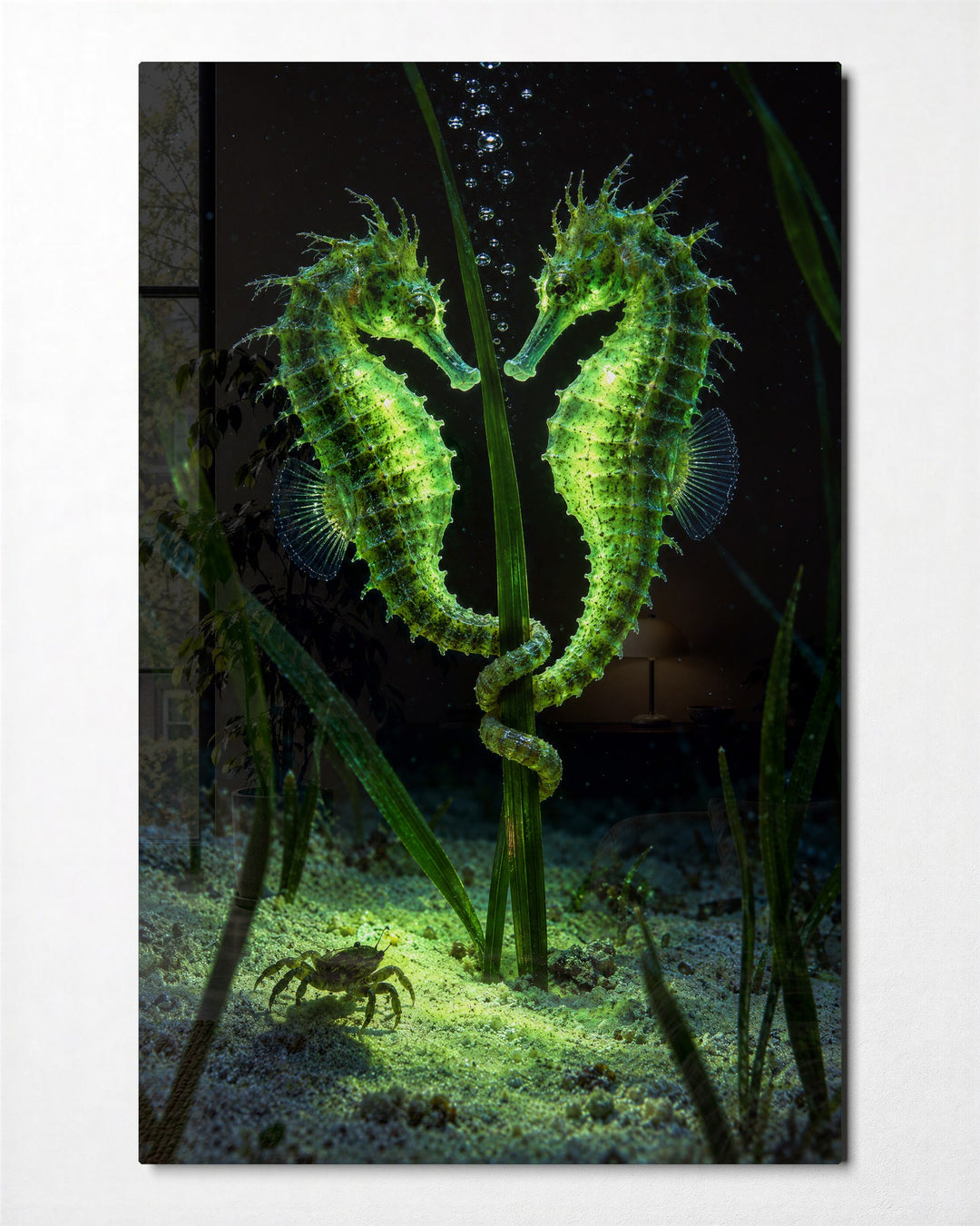 Curled Tails, Slow Water glass wall art, front view