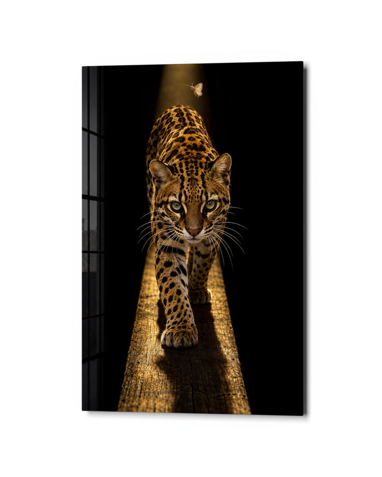 Eyes Ahead, Spotted Cat glass wall art, studio view