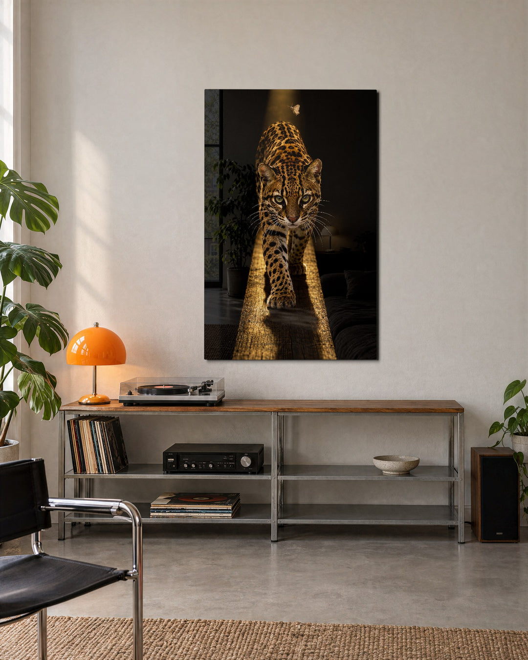 Eyes Ahead, Spotted Cat glass wall art, lifestyle view