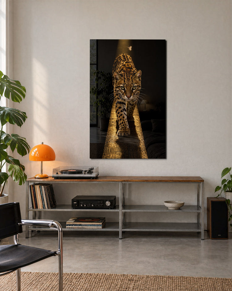 Eyes Ahead, Spotted Cat glass wall art, lifestyle view