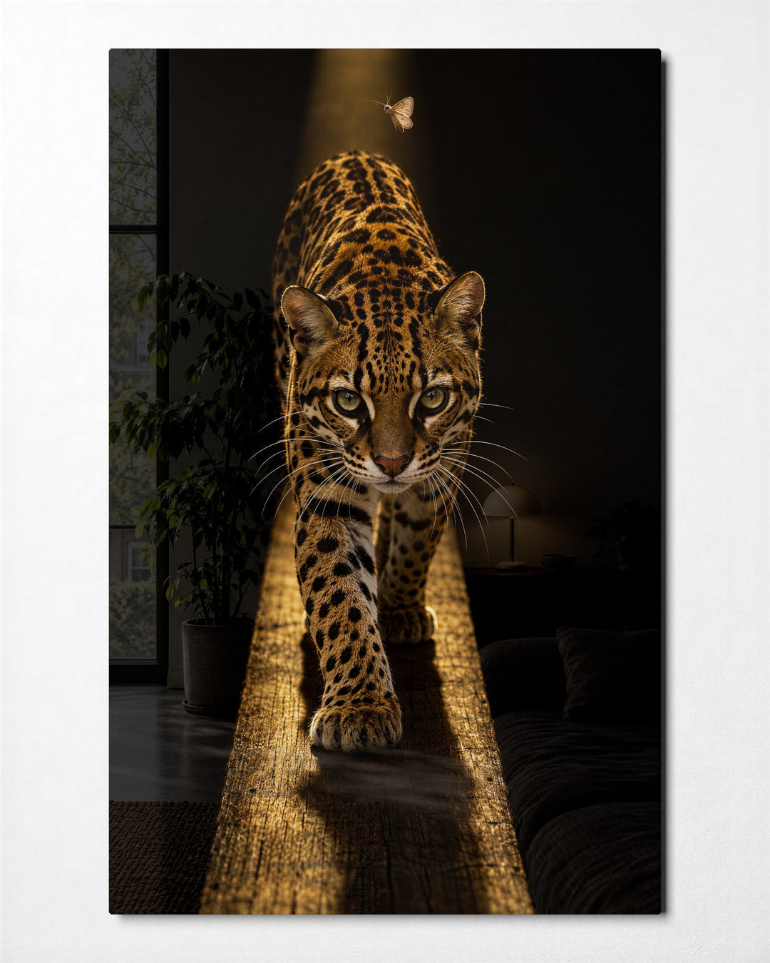 Eyes Ahead, Spotted Cat glass wall art, front view