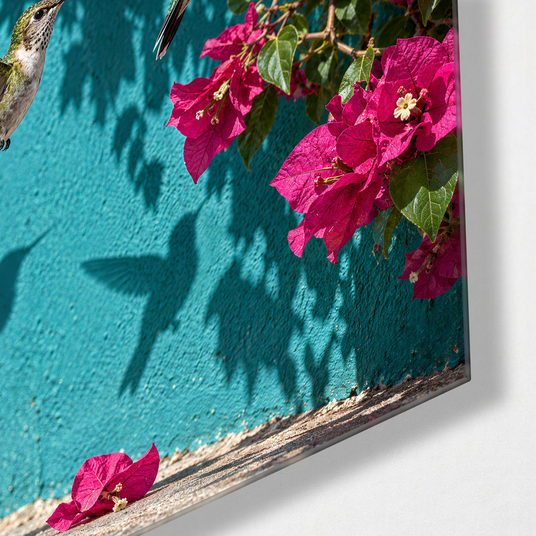 Wings Stopped Midair glass wall art, corner view