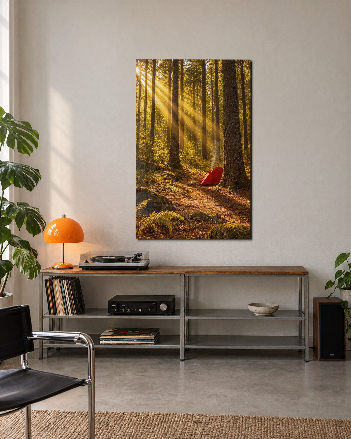 Camp Among Tall Trees glass wall art, lifestyle view
