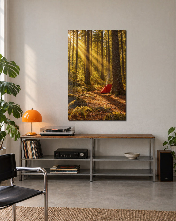 Camp Among Tall Trees glass wall art, lifestyle view