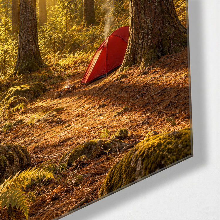 Camp Among Tall Trees glass wall art, corner view