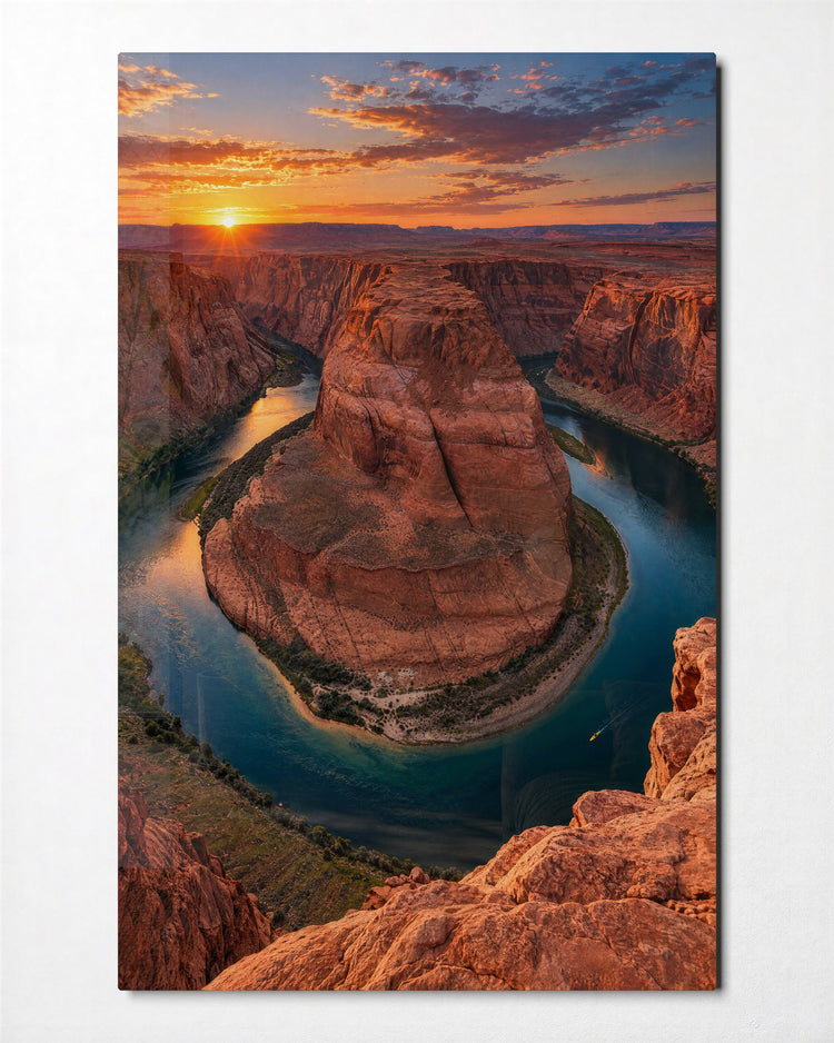 River Curled Against Stone glass wall art, front view