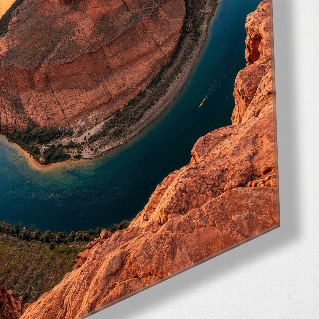 River Curled Against Stone glass wall art, corner view