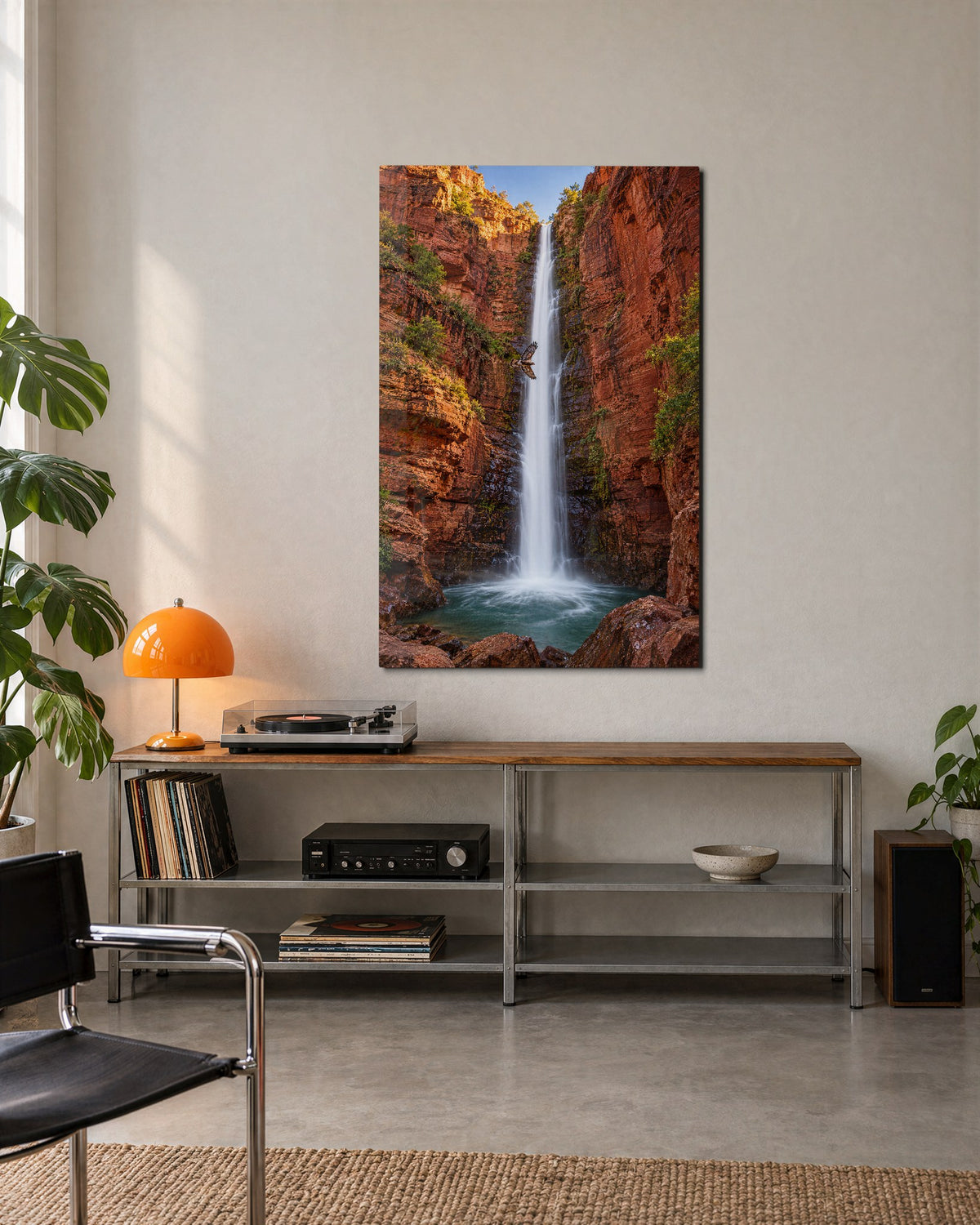 Thin Fall, Blue Pool glass wall art, lifestyle view