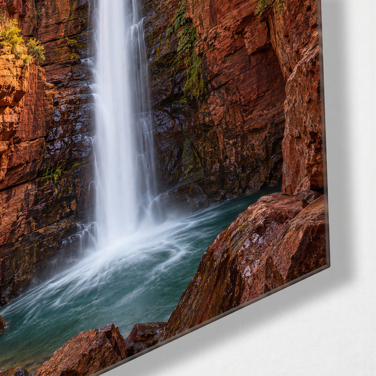 Thin Fall, Blue Pool glass wall art, corner view