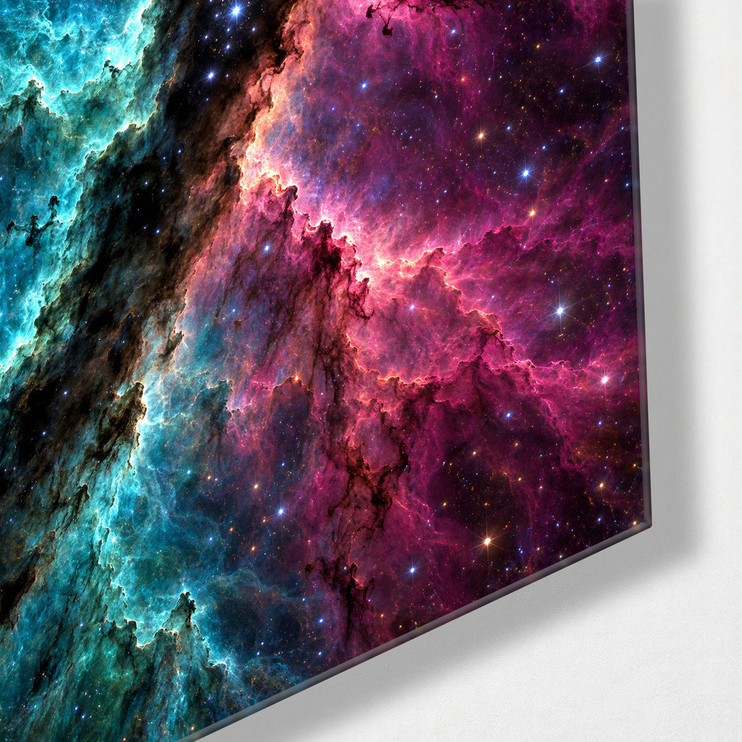 Divided Galaxy glass wall art, corner view