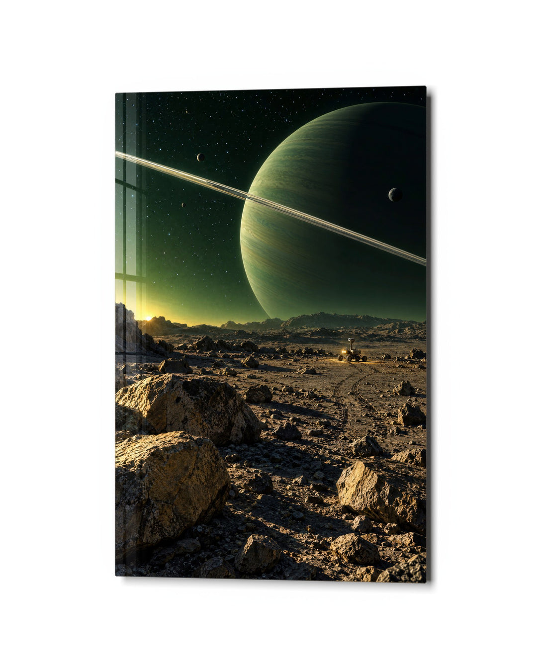 A Greenish World Looms glass wall art, studio view