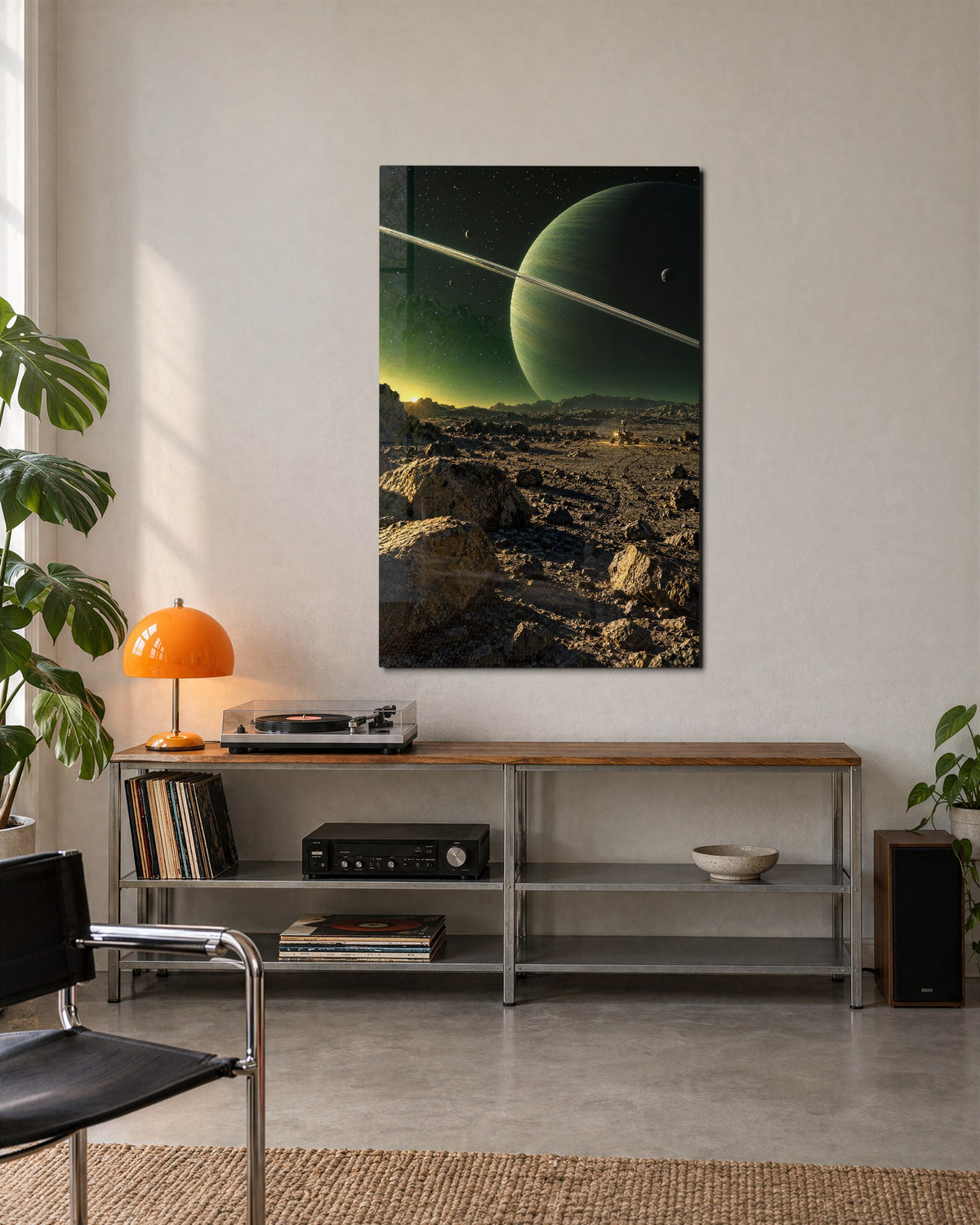 A Greenish World Looms glass wall art, lifestyle view