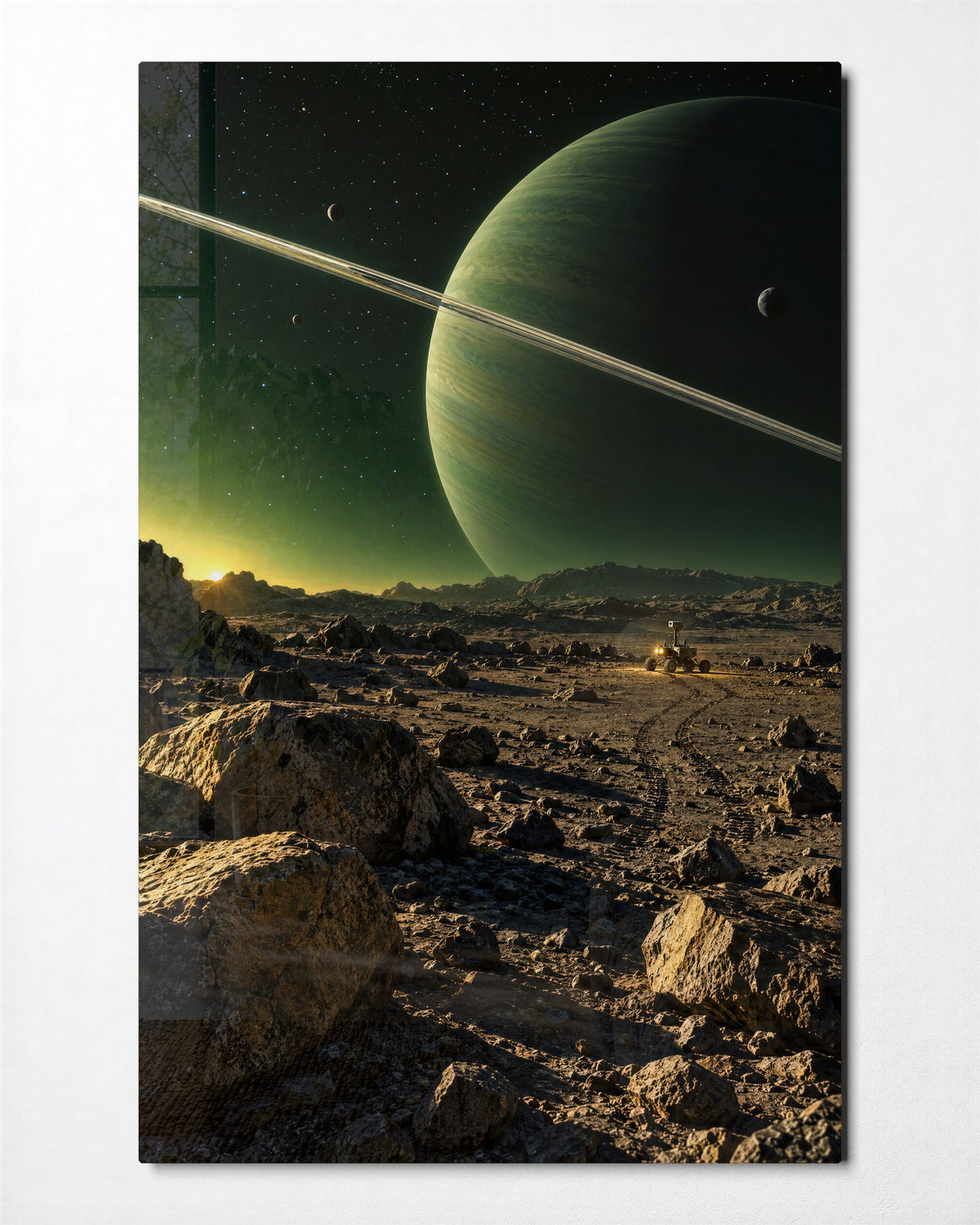 A Greenish World Looms glass wall art, front view