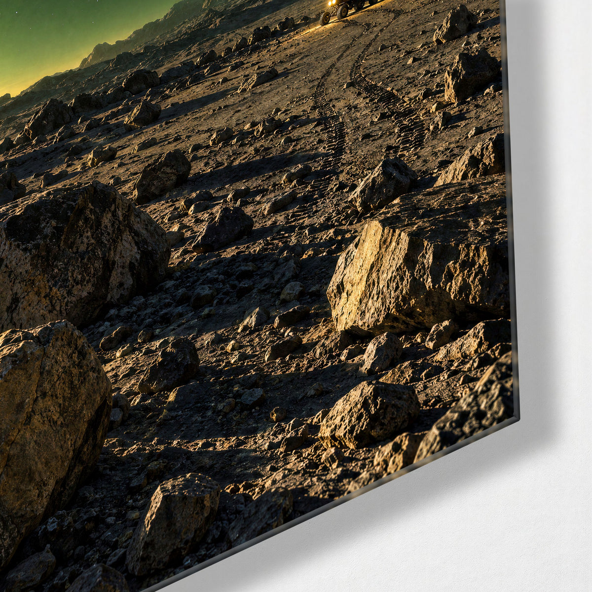 A Greenish World Looms glass wall art, corner view