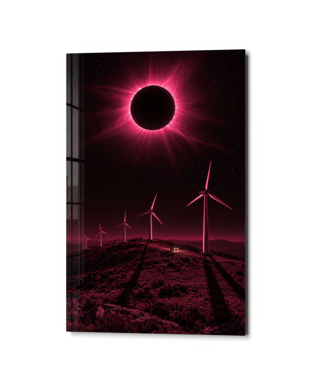 Pink Sky, Slow Blades glass wall art, studio view