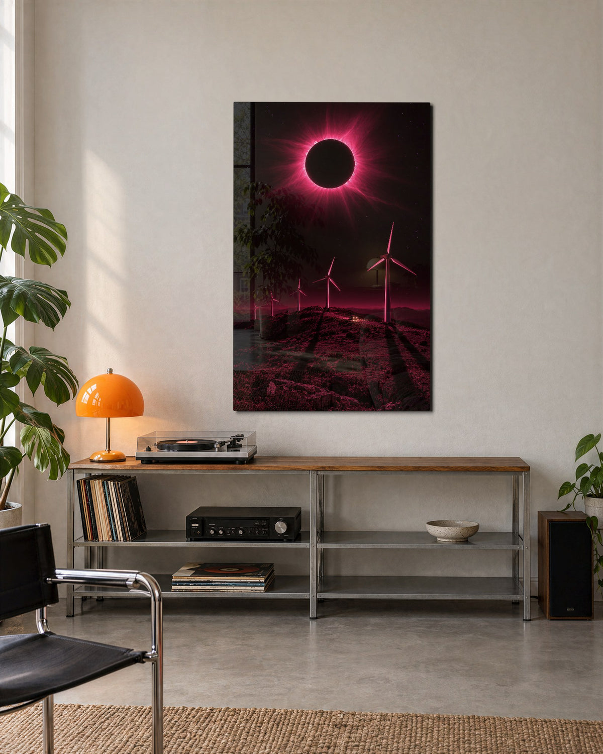 Pink Sky, Slow Blades glass wall art, lifestyle view