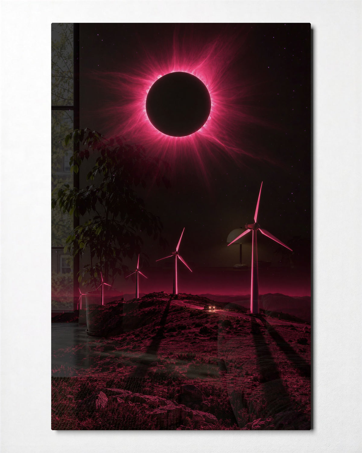 Pink Sky, Slow Blades glass wall art, front view