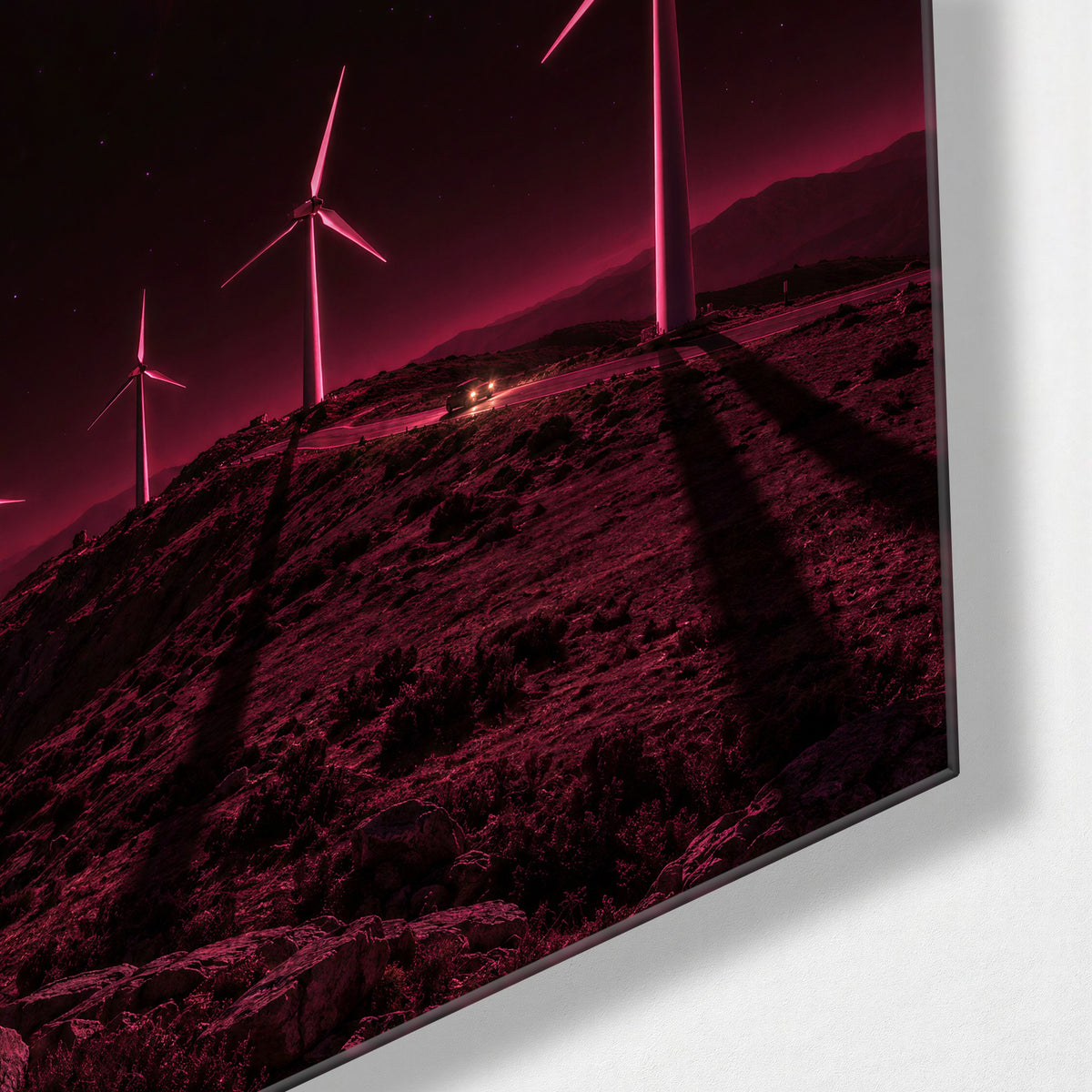 Pink Sky, Slow Blades glass wall art, corner view