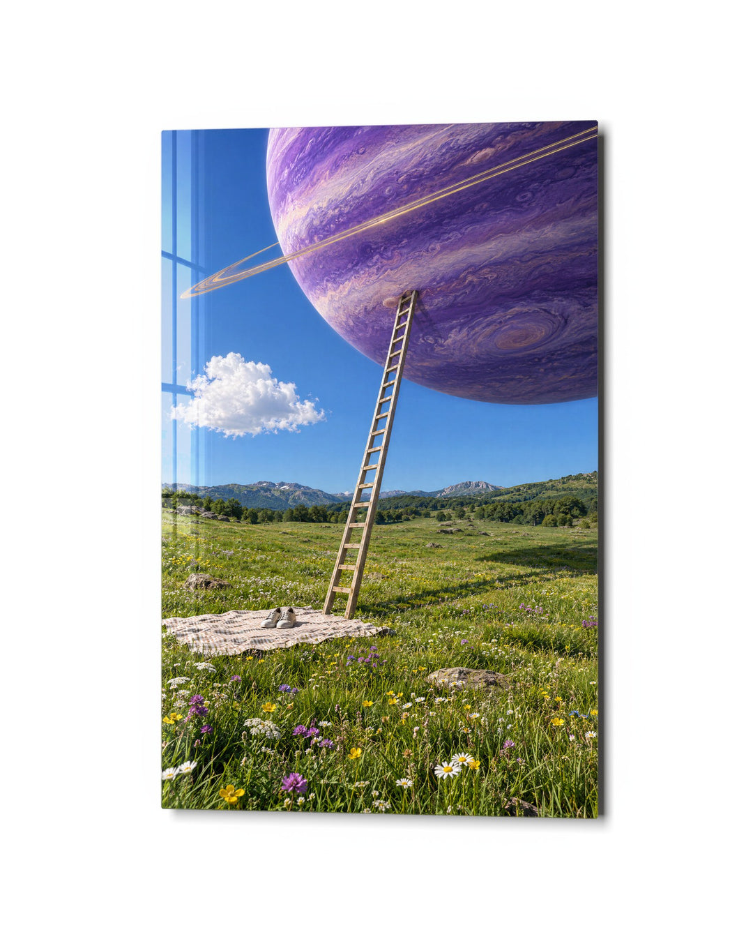 Climb Toward a Purple World glass wall art, studio view