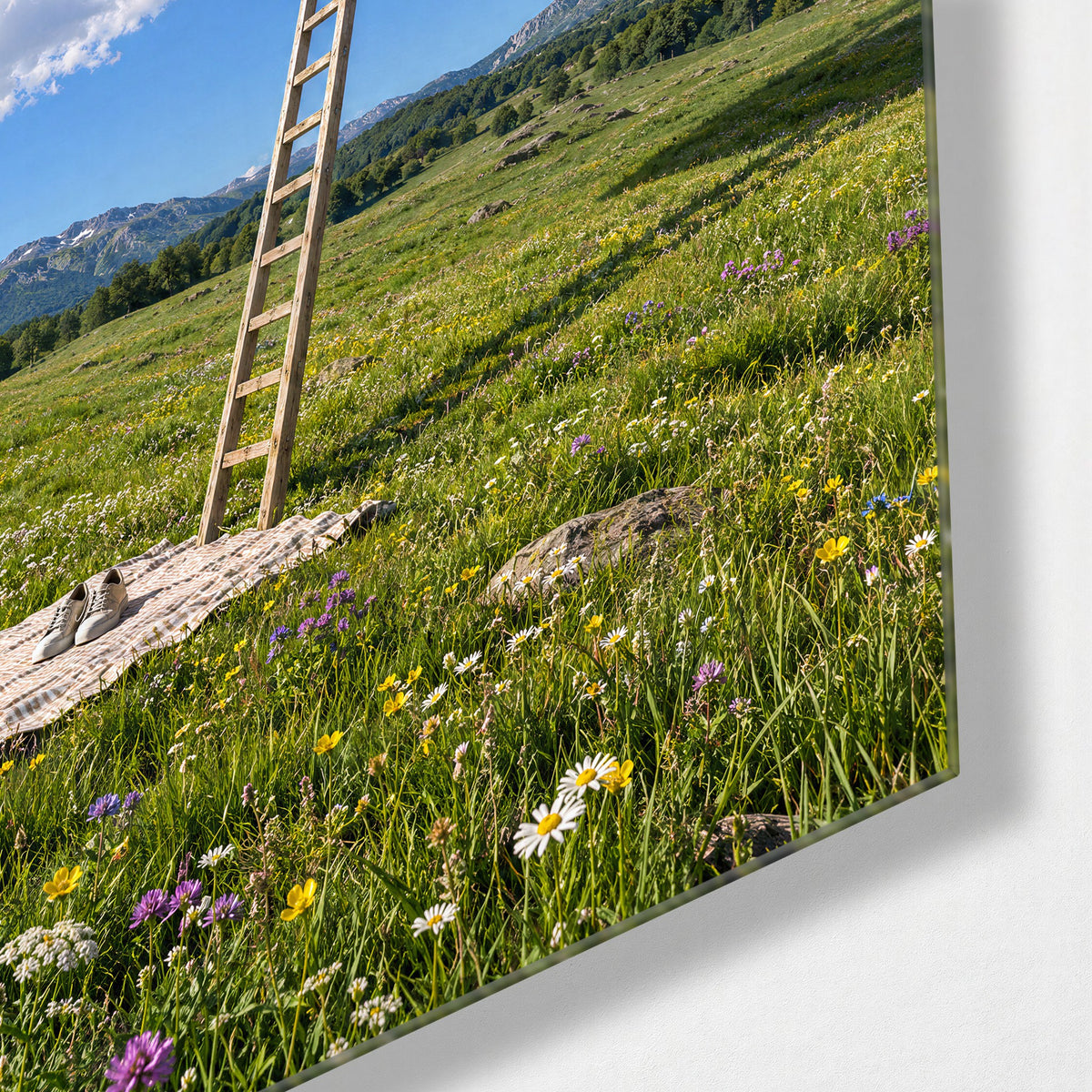 Climb Toward a Purple World glass wall art, corner view