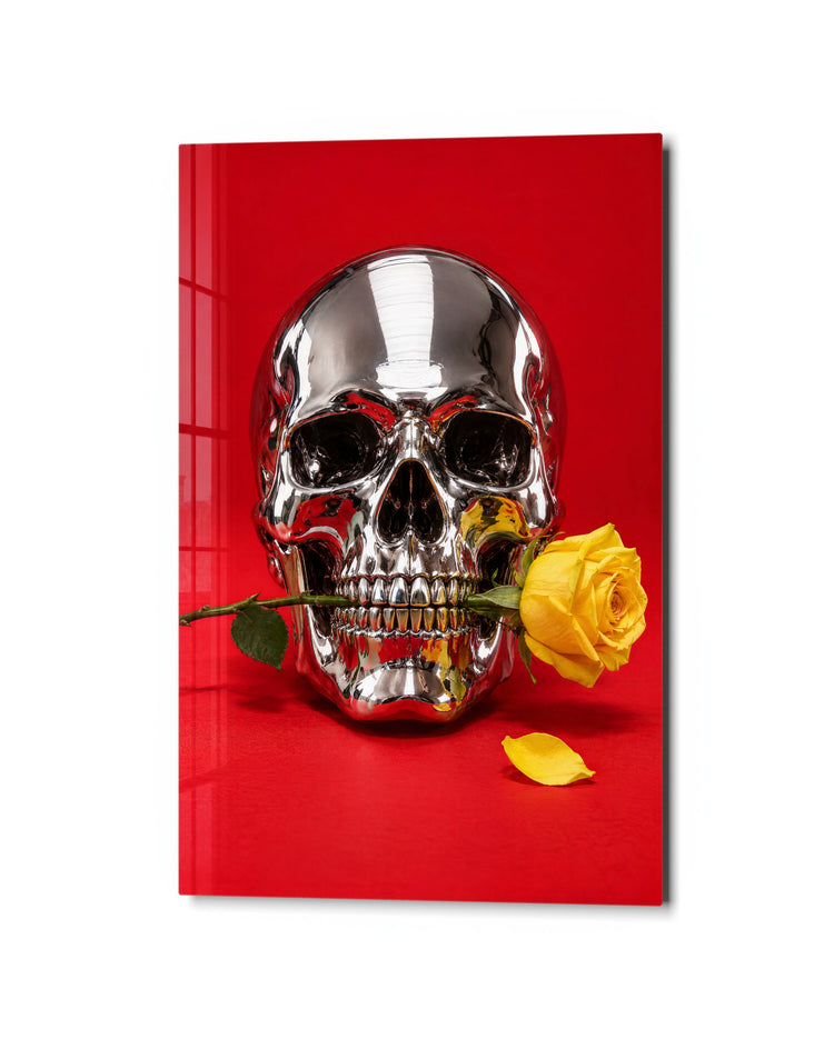 Yellow Bloom, Red Everything glass wall art, studio view