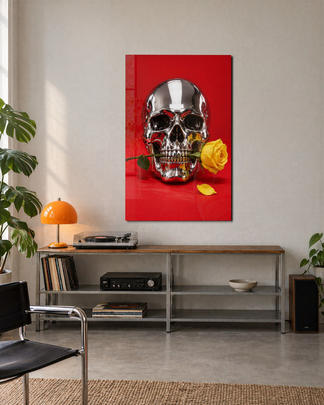 Yellow Bloom, Red Everything glass wall art, lifestyle view