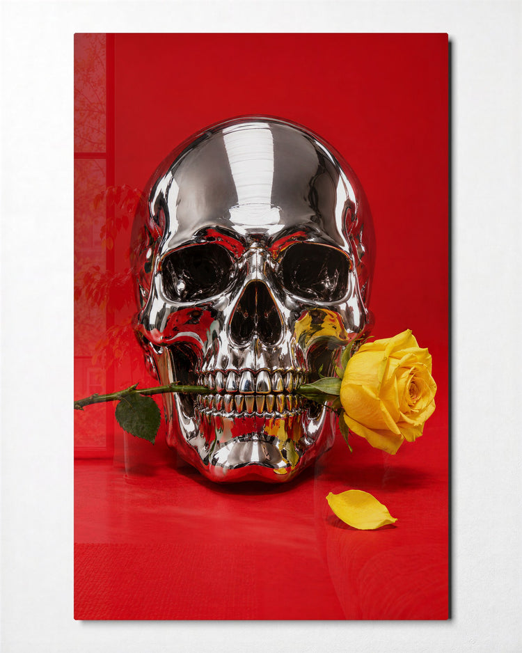Yellow Bloom, Red Everything glass wall art, front view