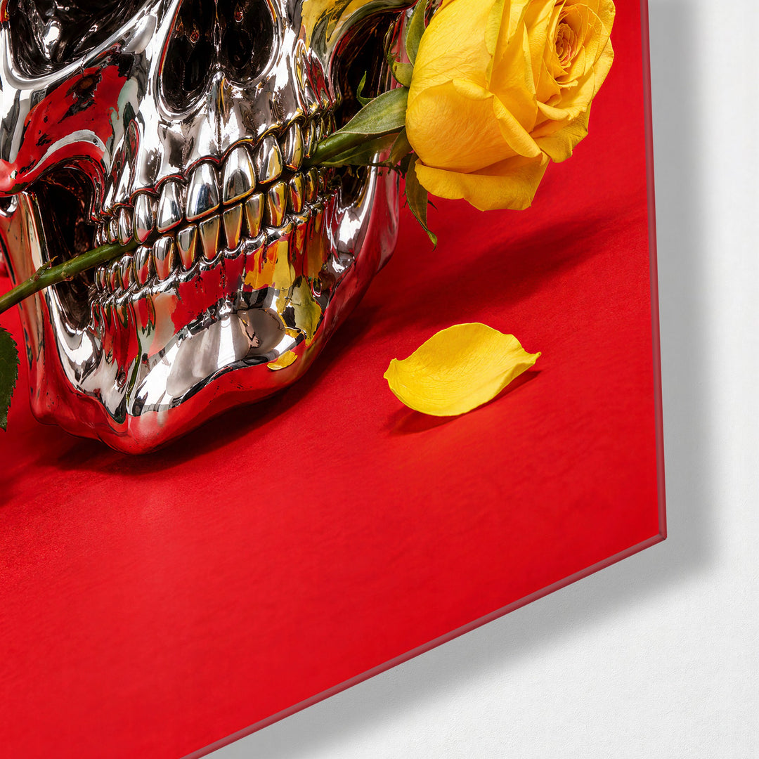 Yellow Bloom, Red Everything glass wall art, corner view