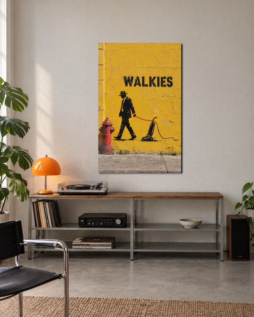 Vacuum Takes a Stroll glass wall art, lifestyle view