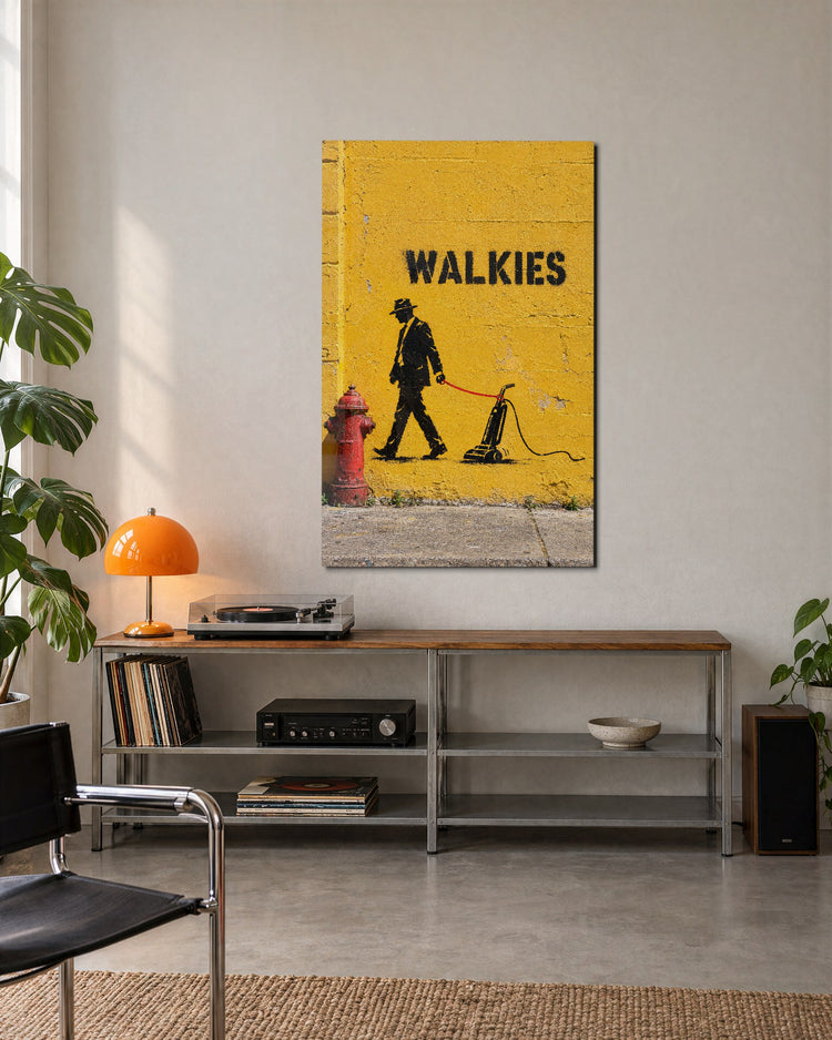 Vacuum Takes a Stroll glass wall art, lifestyle view
