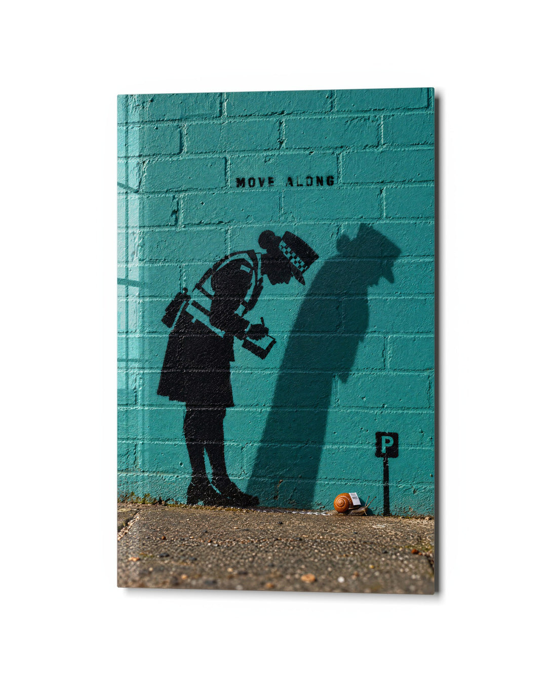 Parking Ticket for a Snail glass wall art, studio view
