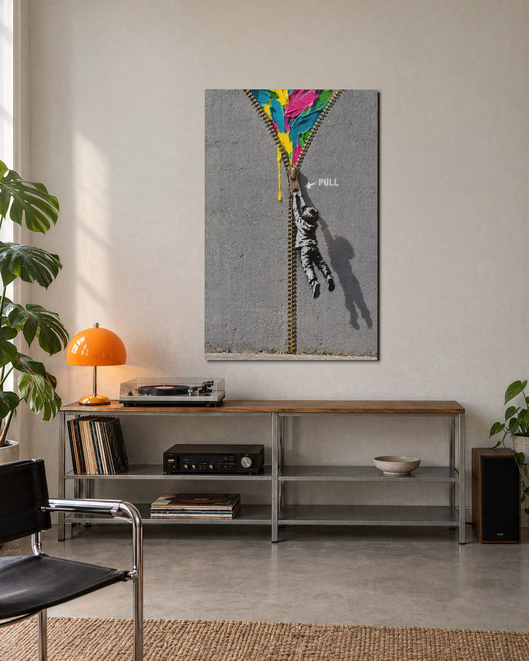 Unzipping a Gray Wall glass wall art, lifestyle view