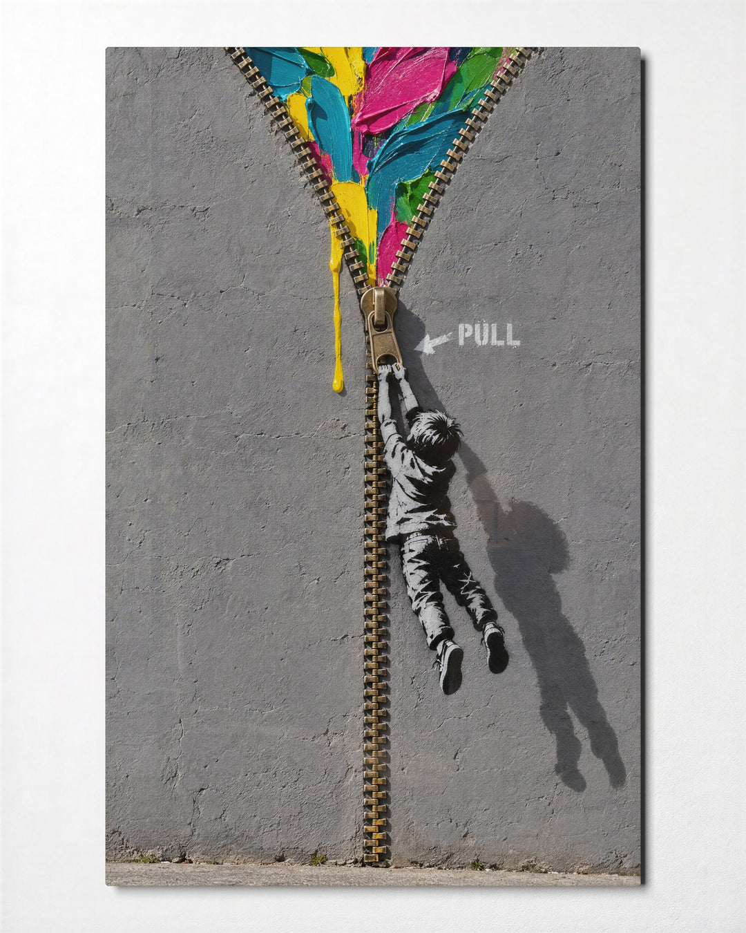 Unzipping a Gray Wall glass wall art, front view
